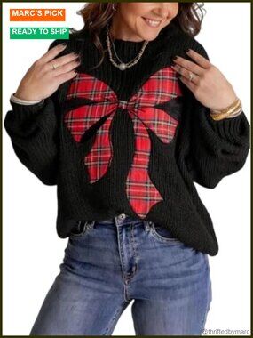 Crewneck Plaid Bow Print Pullover Sweater Women